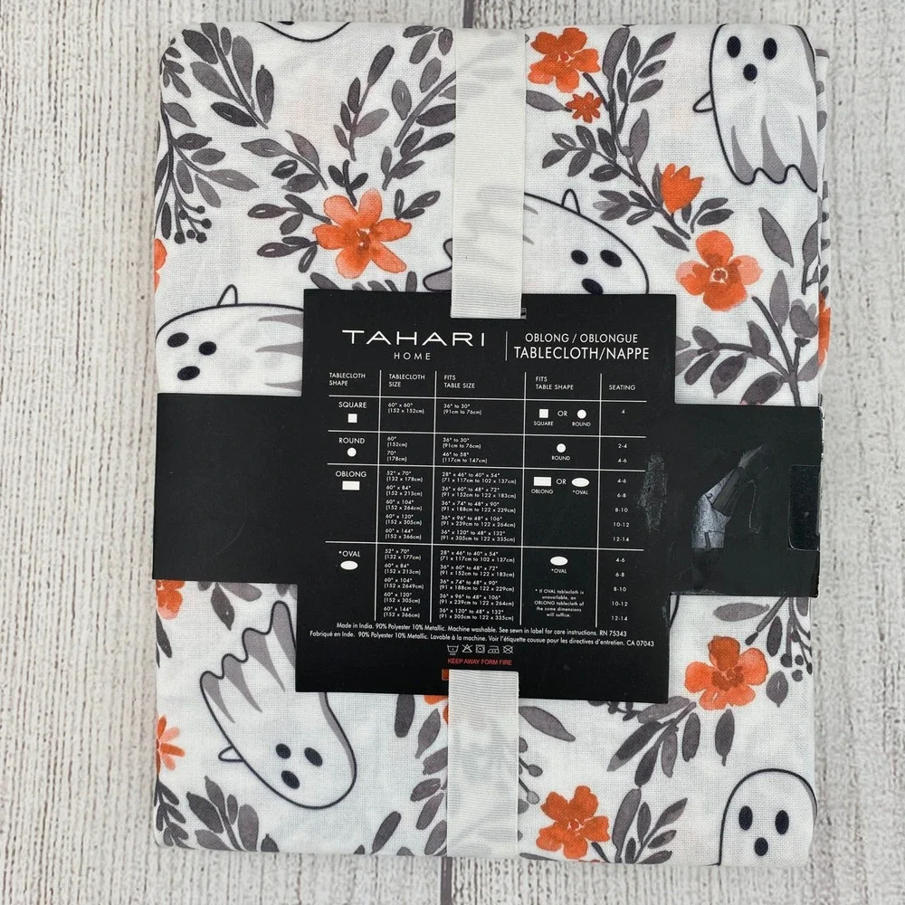 Tahari Home Tablecloth 60x84 White Ghost Floral Oblong Halloween Metallic Fall